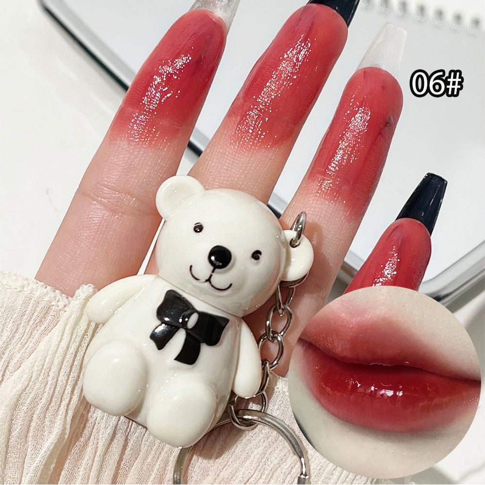 New 6 Color Cute Bear Matte Lip Mud Velvet Keychain Lipstick Waterproof Lasting Portable Lip Gloss