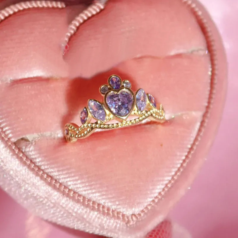 A Princess School Inspired Charm Jewelry Gold-Plated Blair Crown Ring with Purple Heart -Gift for Her."