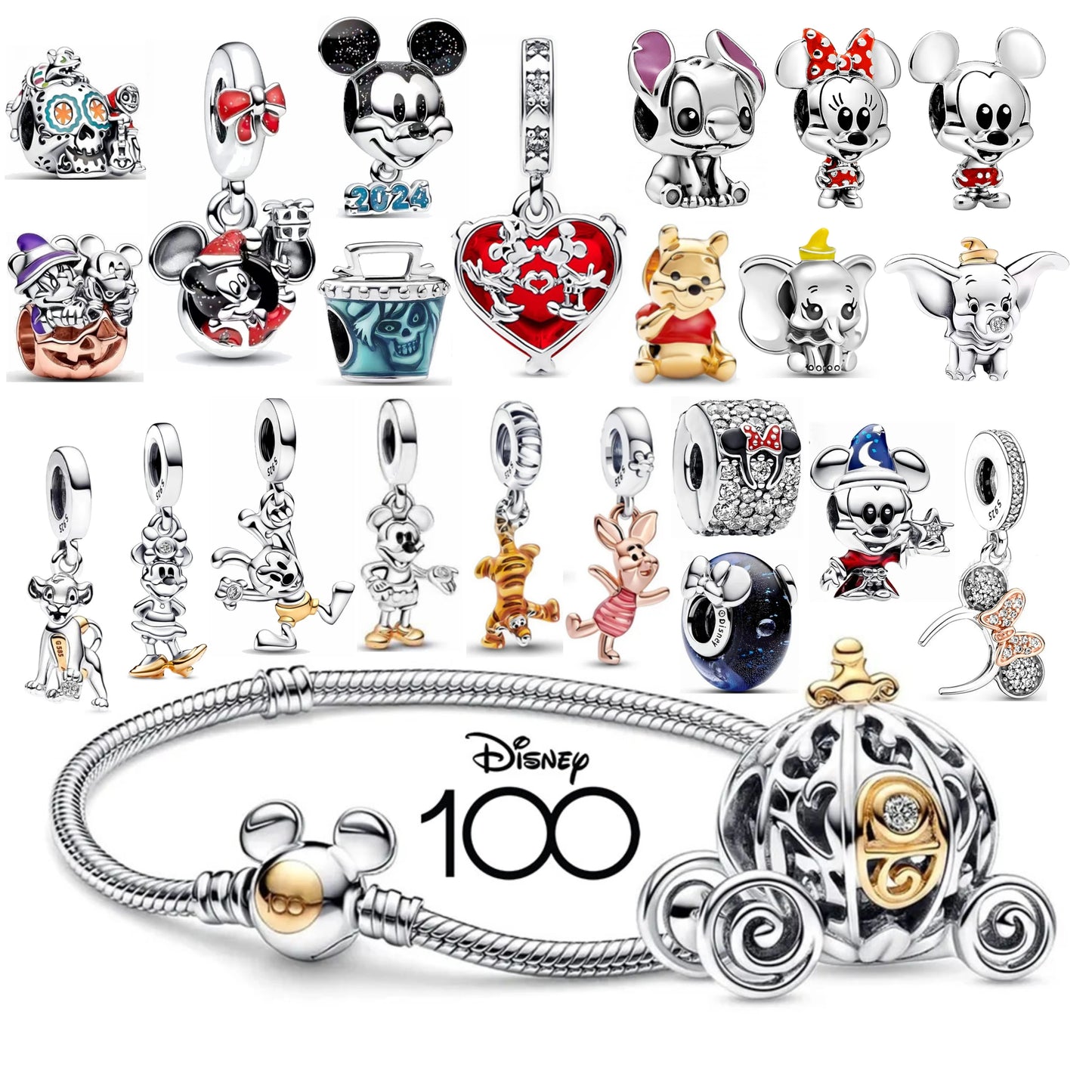 Disney 100th anniversary Bracelets DIY Jewelry 925 Silver Princess Pumpkin Cart Mickey Minnie Dumbo Charm Stitch Beads