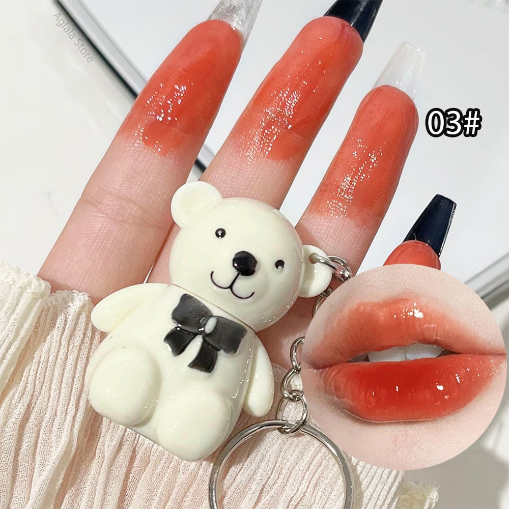 New 6 Color Cute Bear Matte Lip Mud Velvet Keychain Lipstick Waterproof Lasting Portable Lip Gloss