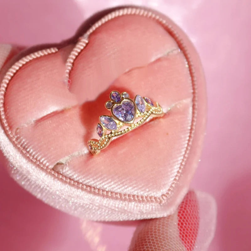 A Princess School Inspired Charm Jewelry Gold-Plated Blair Crown Ring with Purple Heart -Gift for Her."