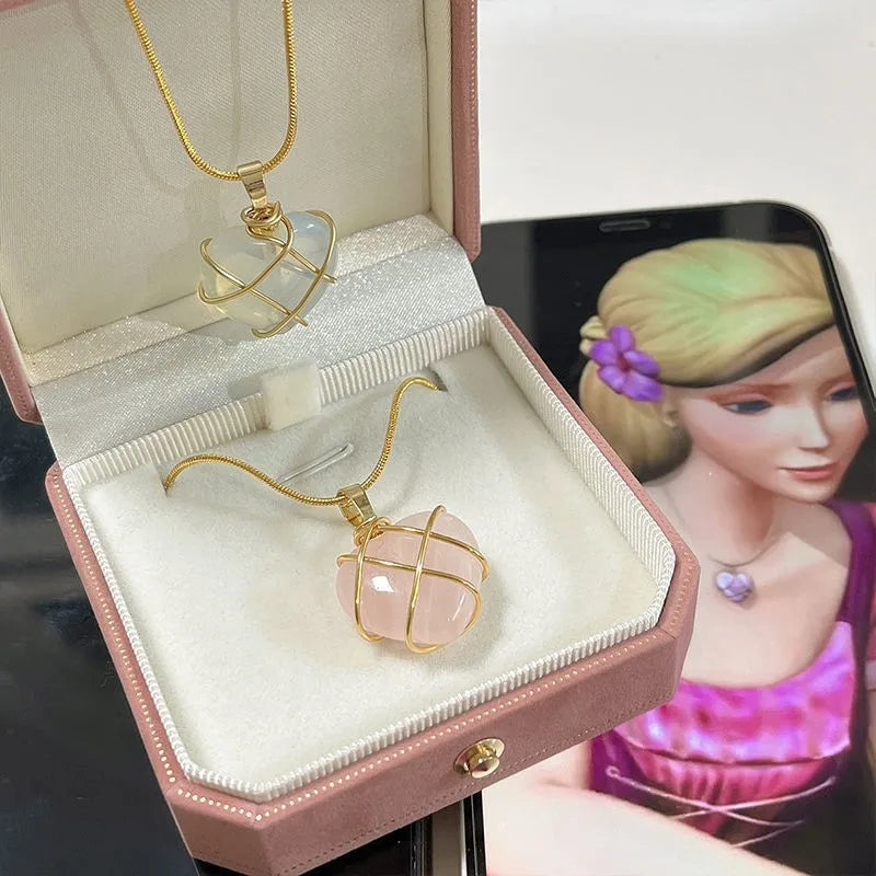 Barbie & the Diamond Castle Necklace Jewelry Opal Heart Necklace For Woman Girls Rose Quartz Accessories Gift
