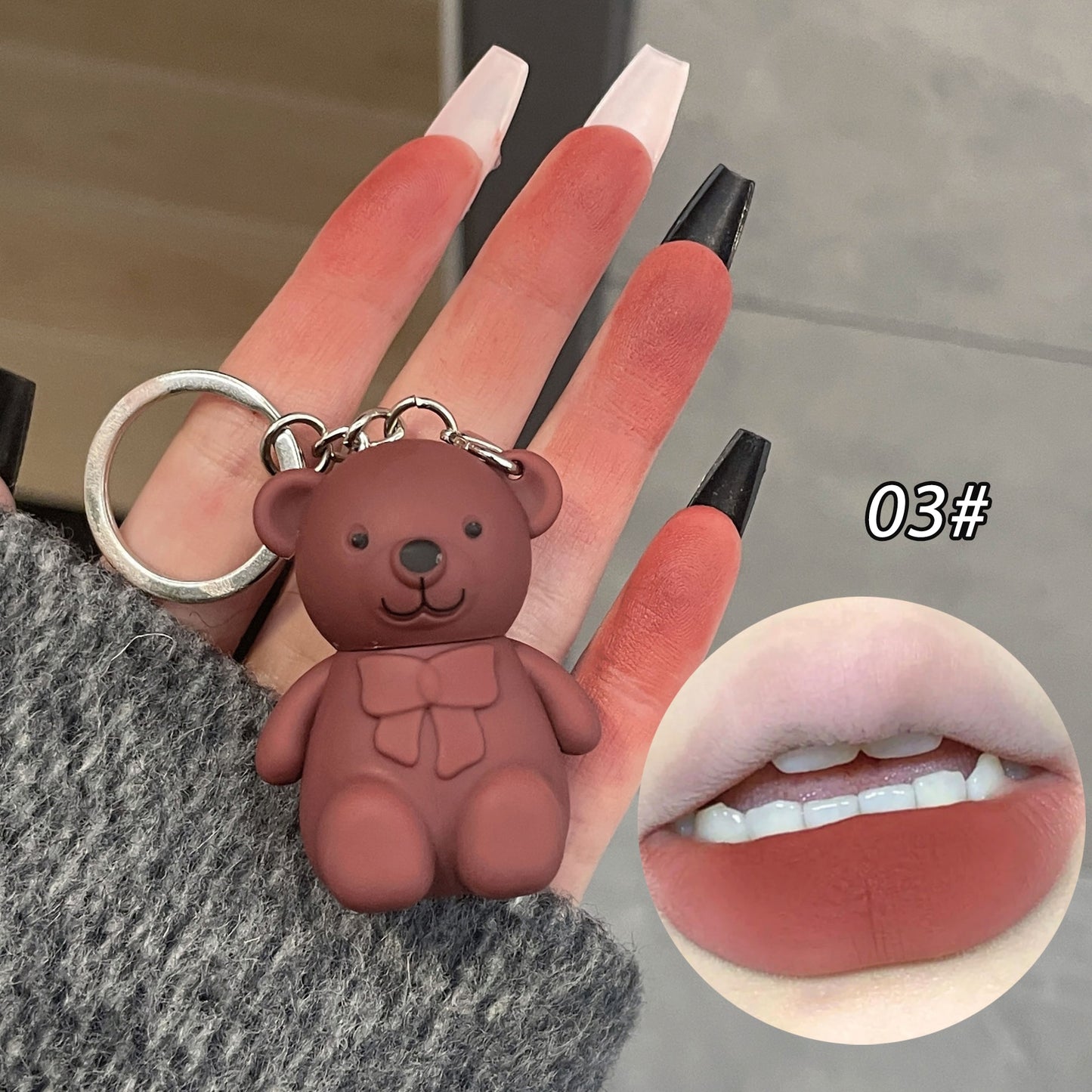 New 6 Color Cute Bear Matte Lip Mud Velvet Keychain Lipstick Waterproof Lasting Portable Lip Gloss