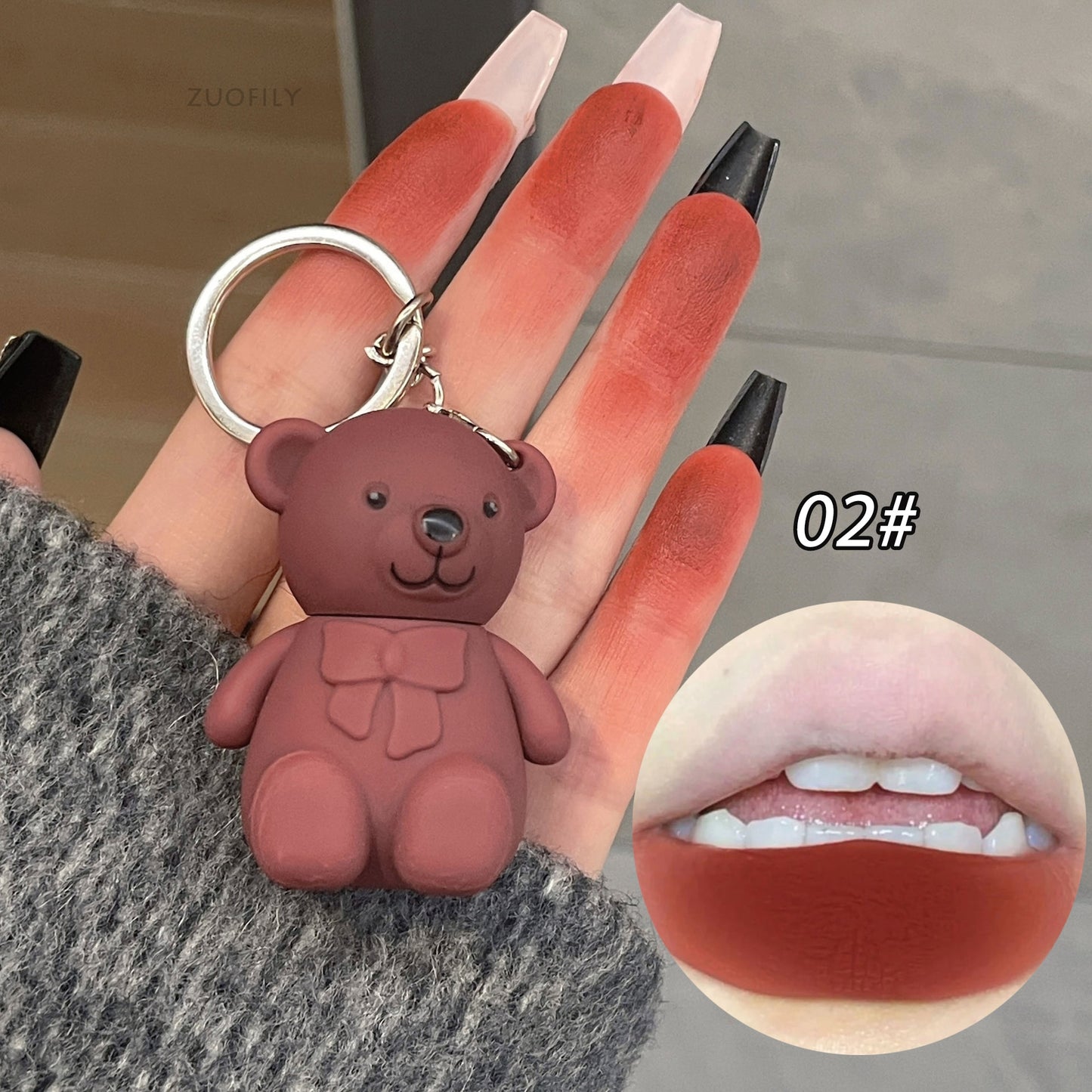 New 6 Color Cute Bear Matte Lip Mud Velvet Keychain Lipstick Waterproof Lasting Portable Lip Gloss