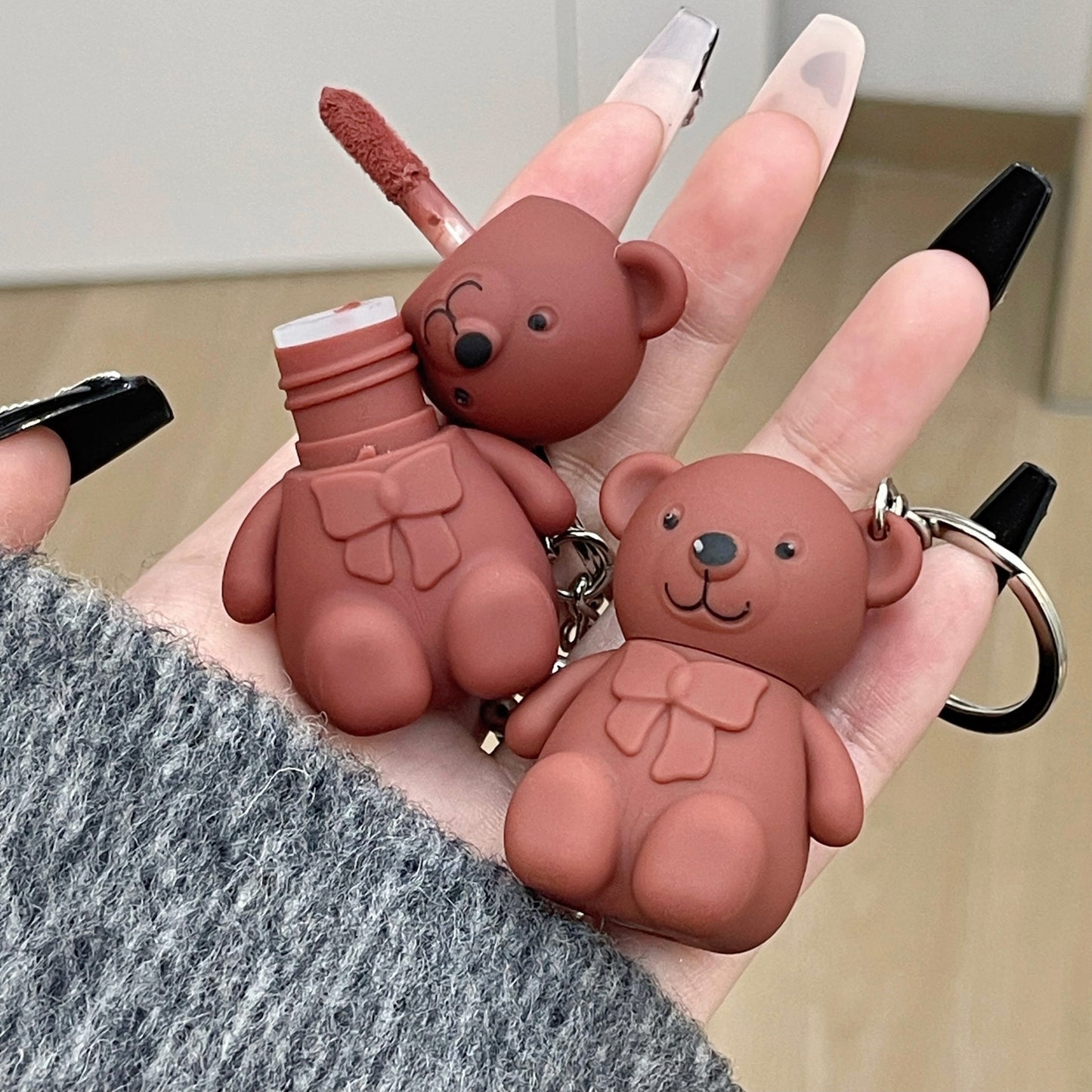New 6 Color Cute Bear Matte Lip Mud Velvet Keychain Lipstick Waterproof Lasting Portable Lip Gloss