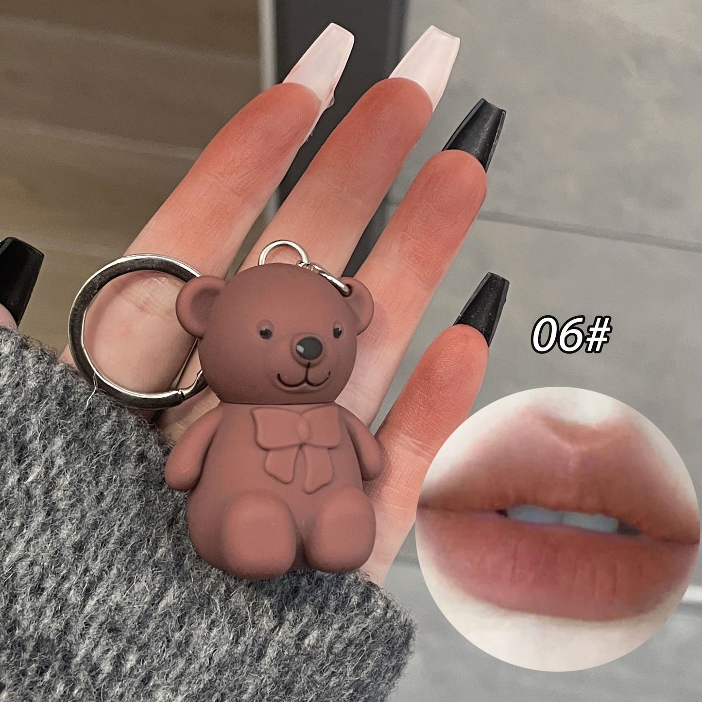 New 6 Color Cute Bear Matte Lip Mud Velvet Keychain Lipstick Waterproof Lasting Portable Lip Gloss