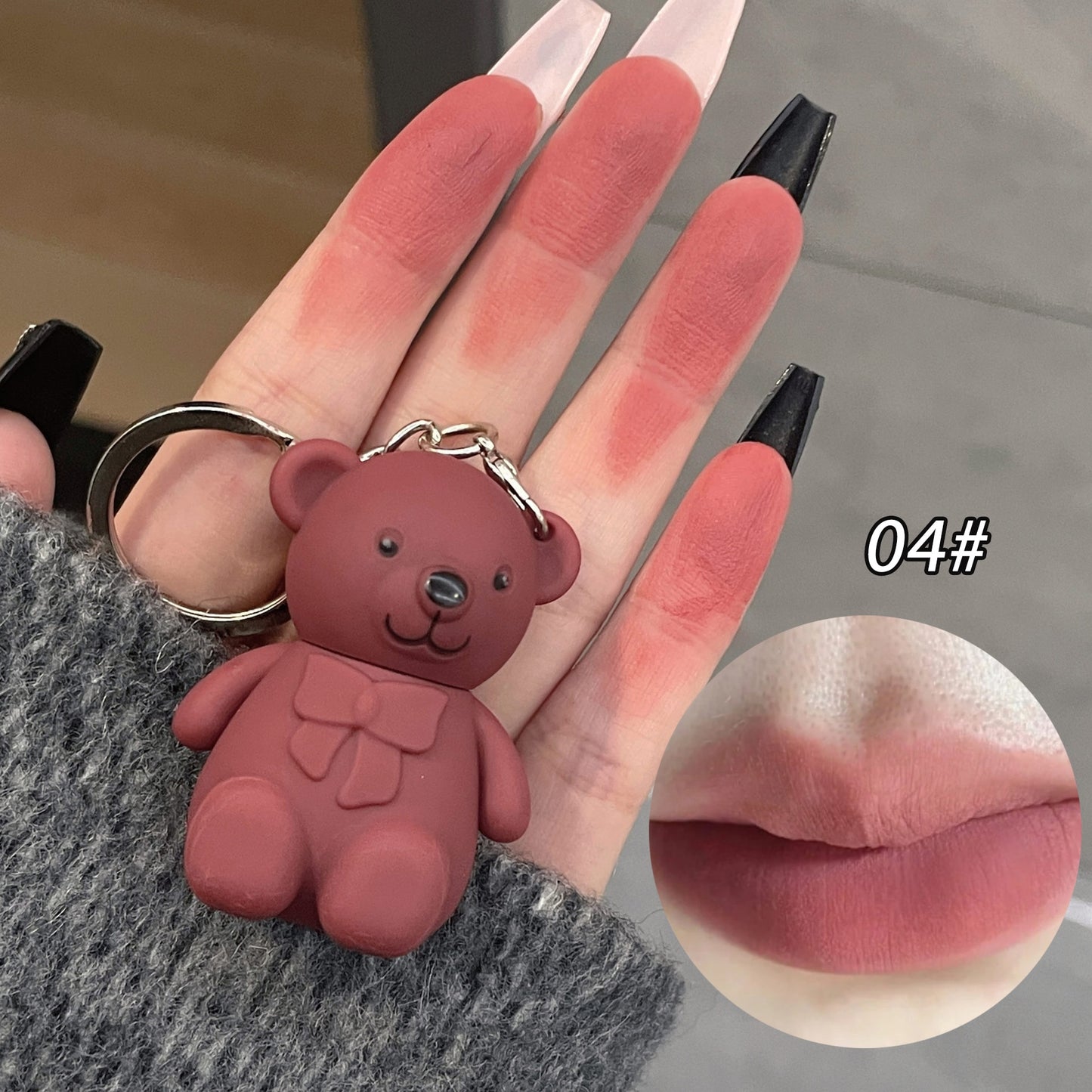 New 6 Color Cute Bear Matte Lip Mud Velvet Keychain Lipstick Waterproof Lasting Portable Lip Gloss