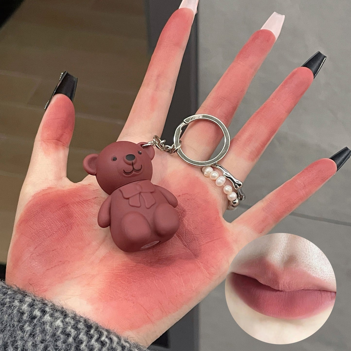 New 6 Color Cute Bear Matte Lip Mud Velvet Keychain Lipstick Waterproof Lasting Portable Lip Gloss