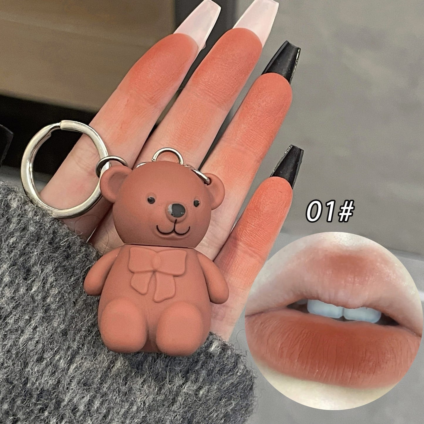 New 6 Color Cute Bear Matte Lip Mud Velvet Keychain Lipstick Waterproof Lasting Portable Lip Gloss
