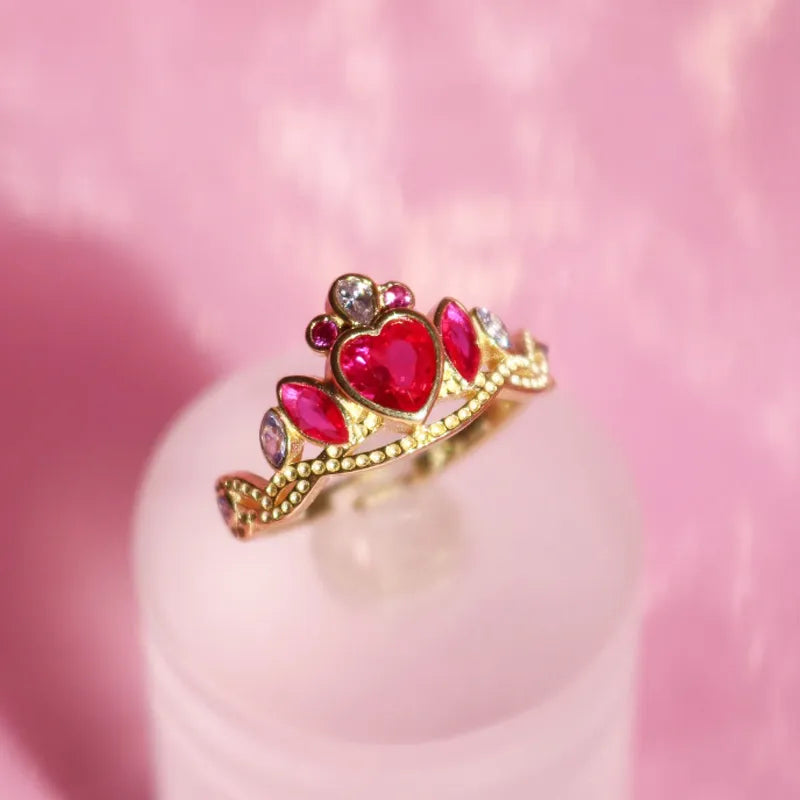 A Princess School Inspired Charm Jewelry Gold-Plated Blair Crown Ring with pink Heart -Gift for Her."