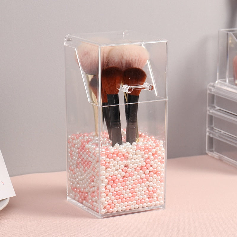 Fancy Acrylic Makeup Pearls Brush Holder Makeup Organizer Elegant Transparent Storage Box Holder