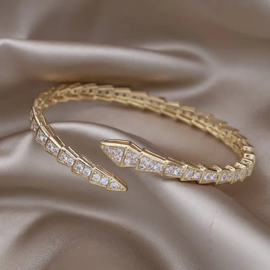 New Design: 14K Gold Plated Zircon Snake Open Bracelet