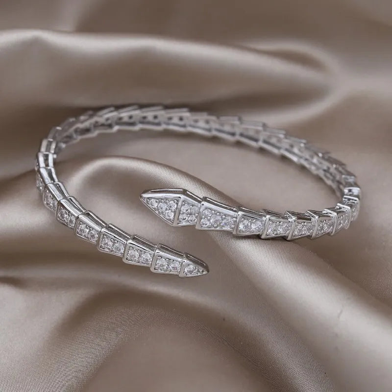 New Design: 14K Gold Plated Zircon Snake Open Bracelet