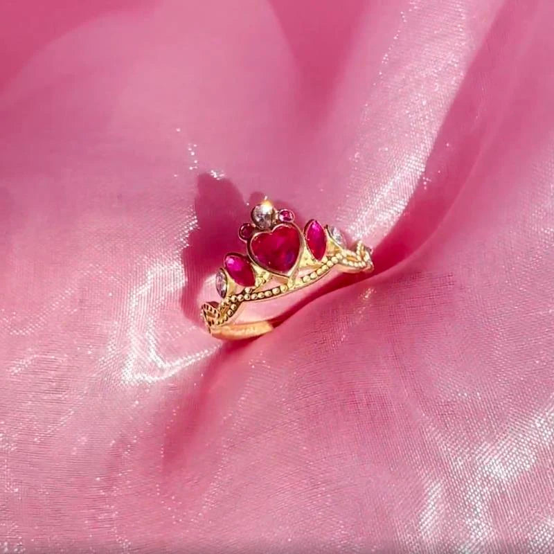 A Princess School Inspired Charm Jewelry Gold-Plated Blair Crown Ring with pink Heart -Gift for Her."