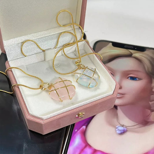 Barbie & the Diamond Castle Necklace Jewelry Opal Heart Necklace For Woman Girls Rose Quartz Accessories Gift