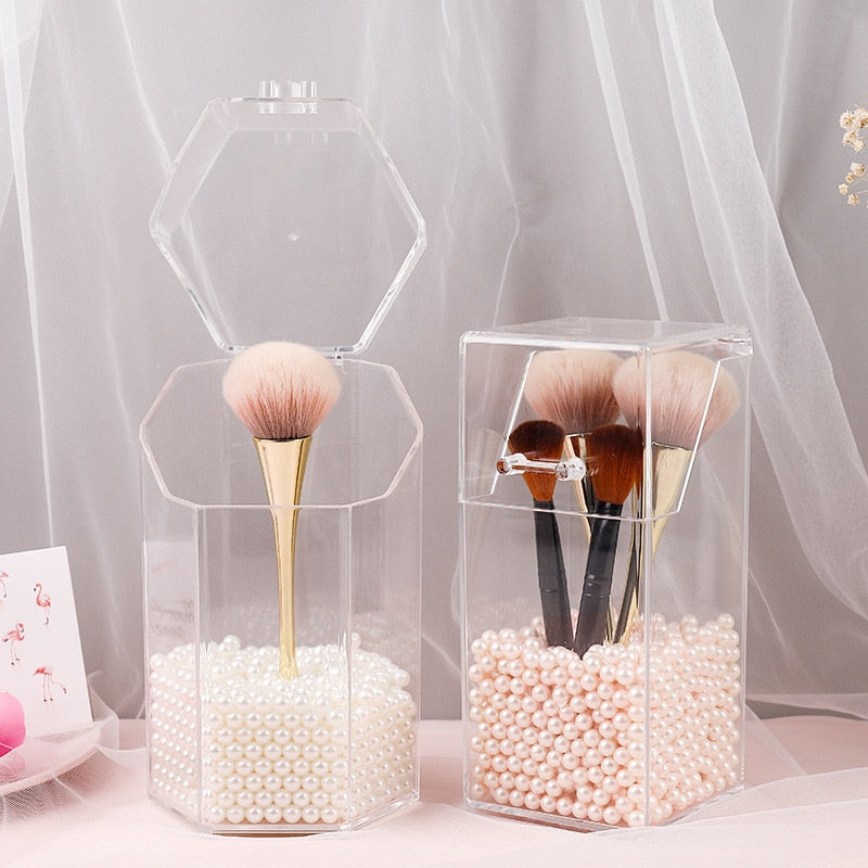 Fancy Acrylic Makeup Pearls Brush Holder Makeup Organizer Elegant Transparent Storage Box Holder