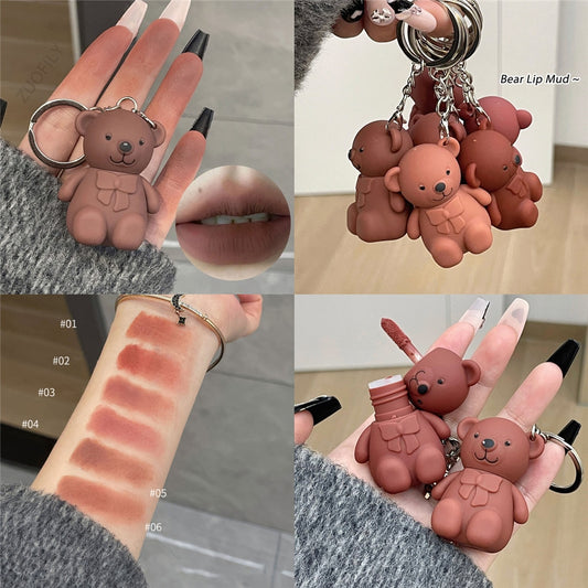 New 6 Color Cute Bear Matte Lip Mud Velvet Keychain Lipstick Waterproof Lasting Portable Lip Gloss